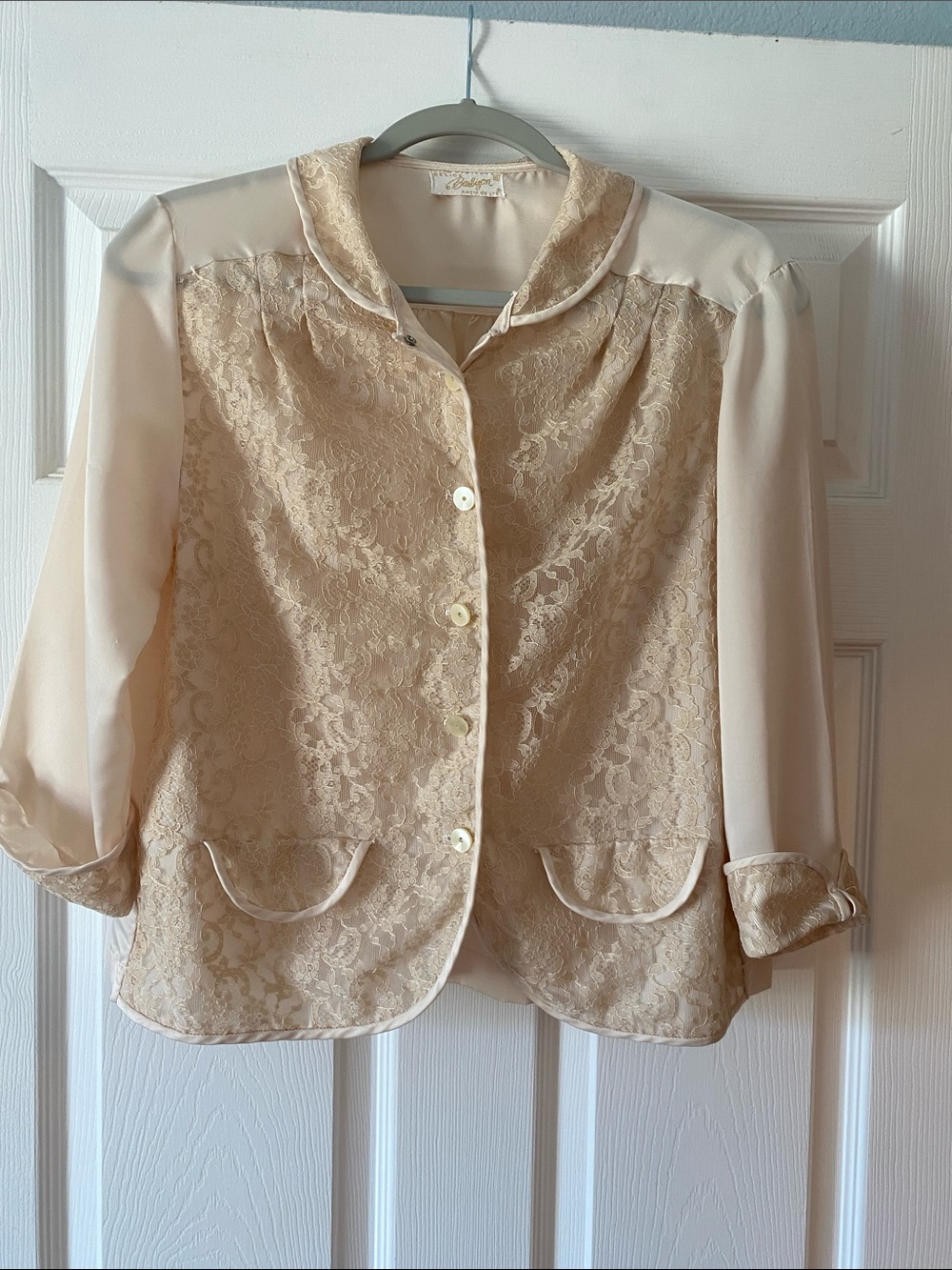Lace-Front Cream Blouse with Round Collar